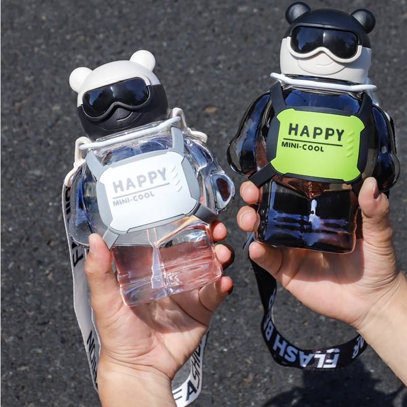 Backpack Bear Dễ Thương Bình Nước Nhựa Cao Cấp Hình Gấu Hoạt Họa Có Ống Hút Cho Bé