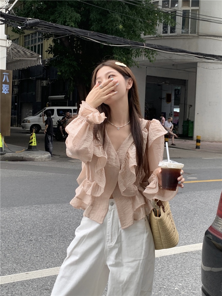 Áo Sơ Mi Cổ Chữ v Viền Bèo Phong Cách Hàn Quốc Kiểu Mới 64490