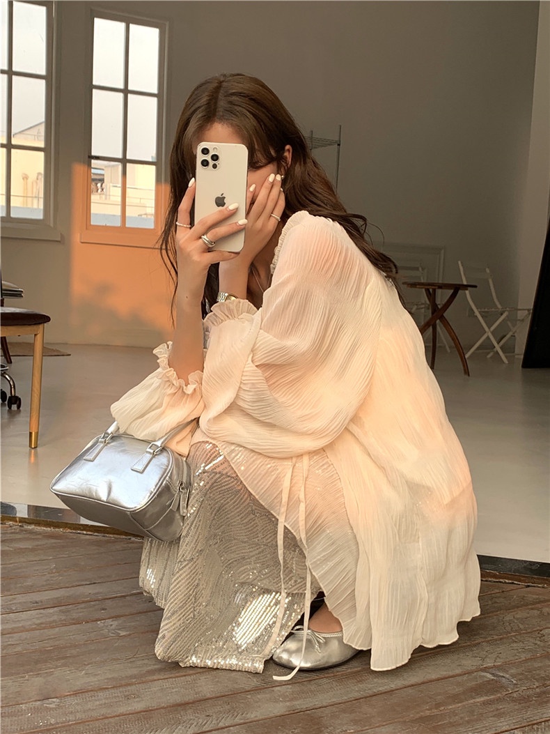 Áo Sơ Mi Chiffon Dài Tay Cổ Chữ v Dáng Rộng Phong Cách Pháp Thời Trang Mùa Hè Kiểu Mới 64