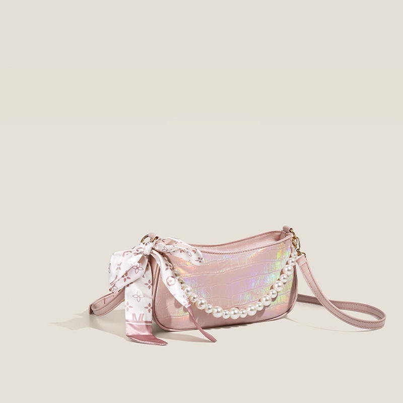 Túi xách nữ mùa hè niche laser màu hồng dễ thương túi sát nách Pháp thanh túi khăn lụa túi đeo vai túi