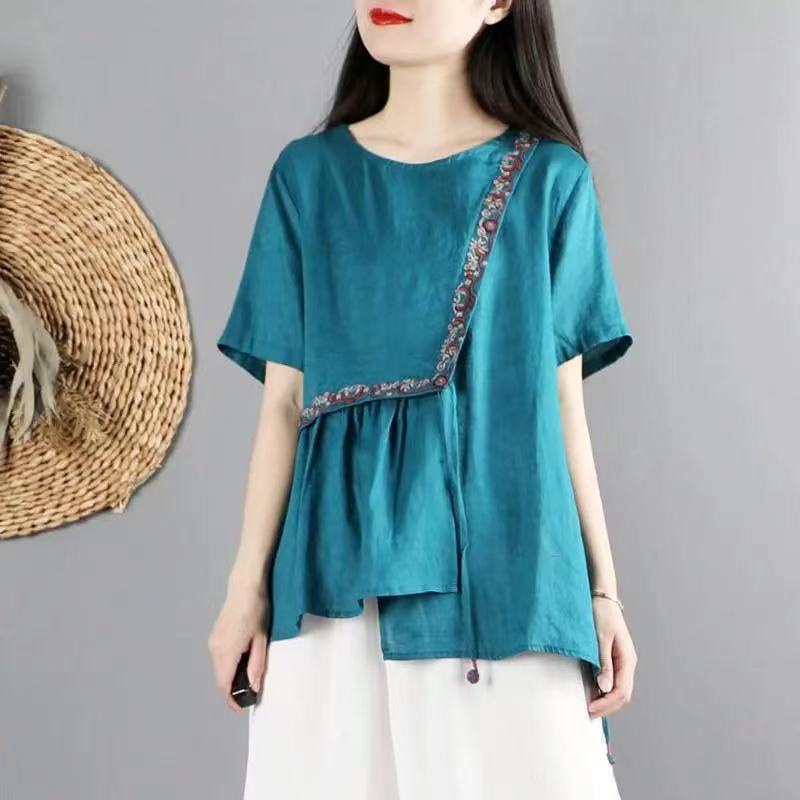 Áo Kiểu Tay Ngắn Thêu Họa Tiết Dân Tộc Độc Đáo Thiết Kế Cỡ Lớn Thời Trang