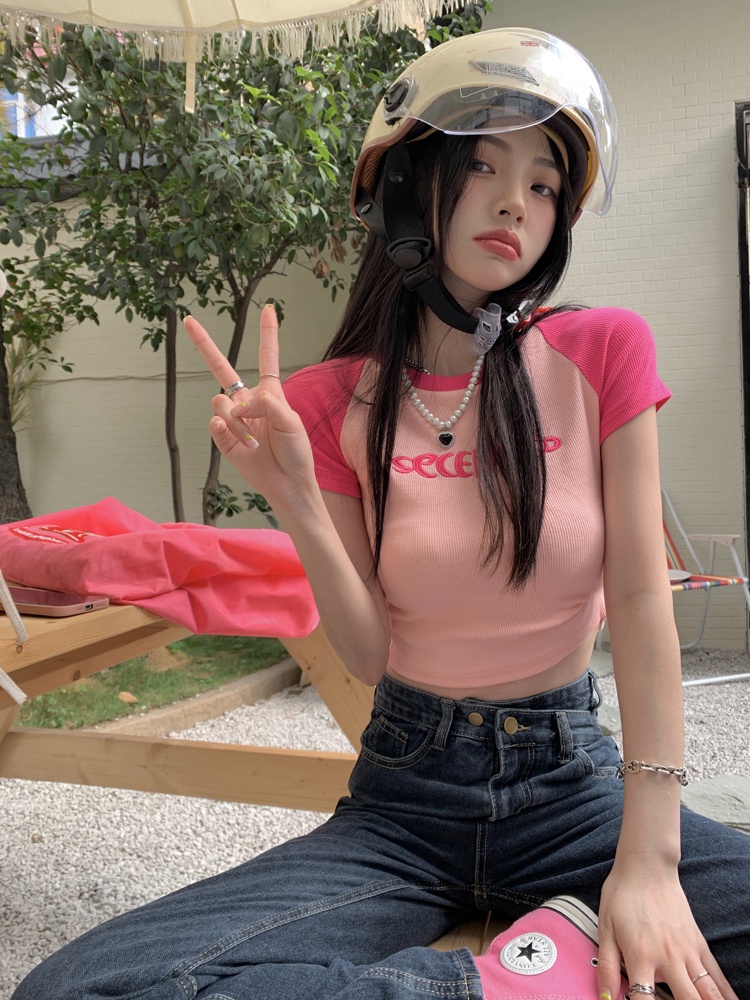 Áo Thun Tay Ngắn Dáng Ôm Thêu Chữ Phối Màu Sắc Tương Phản Thời Trang Xinh Xắn