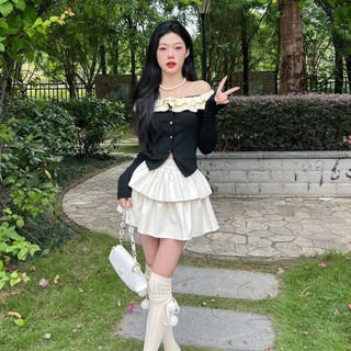 Váy phong cách nhỏ, hai bộ váy nữ mới nhất, áo viền lá sen, eo cao, bánh da PU, váy nửa người.