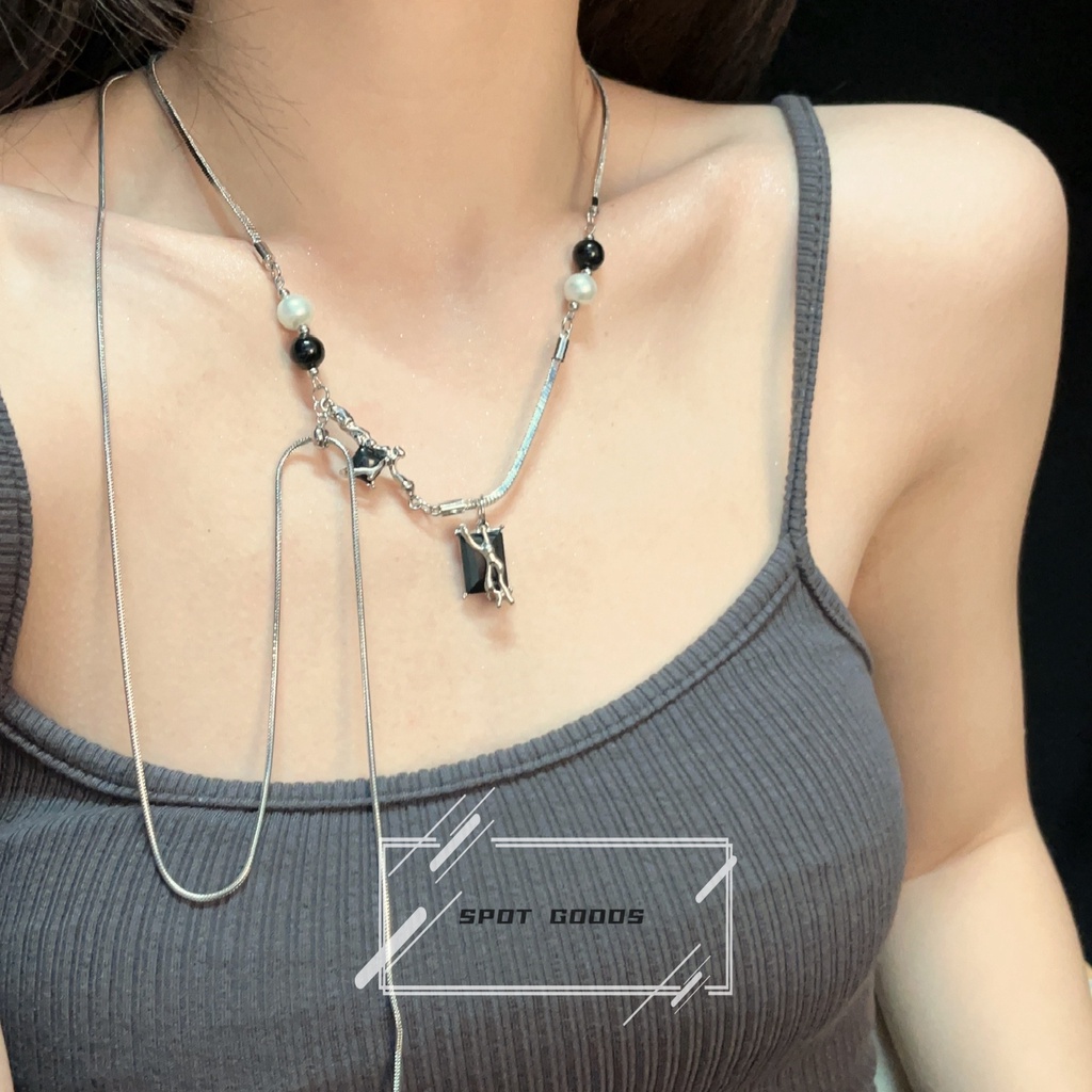 Vòng cổ Thép Titan Đính Hạt Ngọc Trai Hình Xương Rắn Có Thể Điều Chỉnh Được Niche