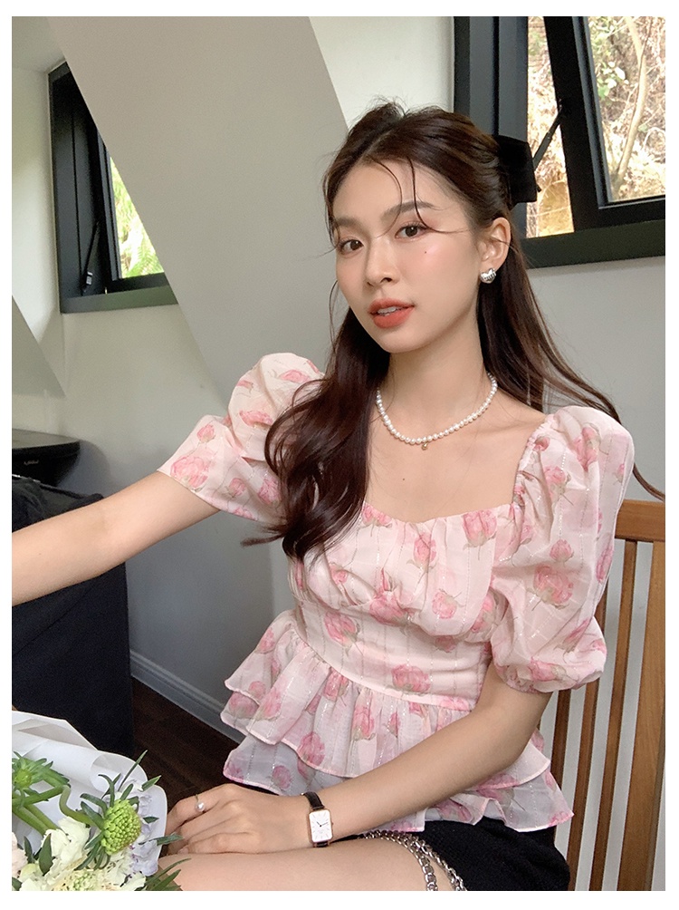 Áo Sơ Mi Chiffon Tay Ngắn Phồng In Hoa Phong Cách Mới Mùa Hè 62398