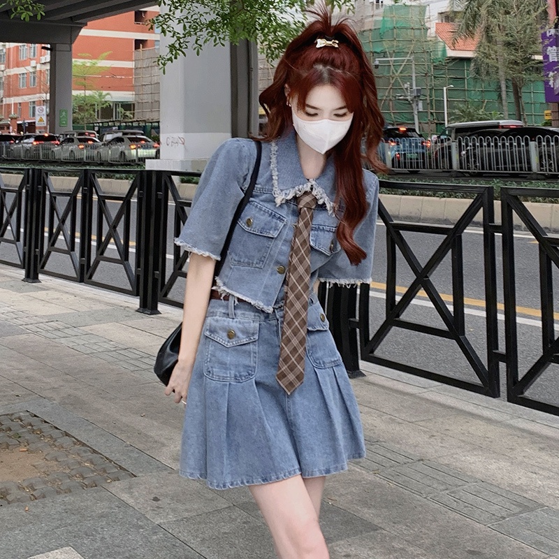 Set Áo Khoác denim Và Chân Váy Phong Cách Cổ Điển Thanh Lịch Dành Cho Nữ