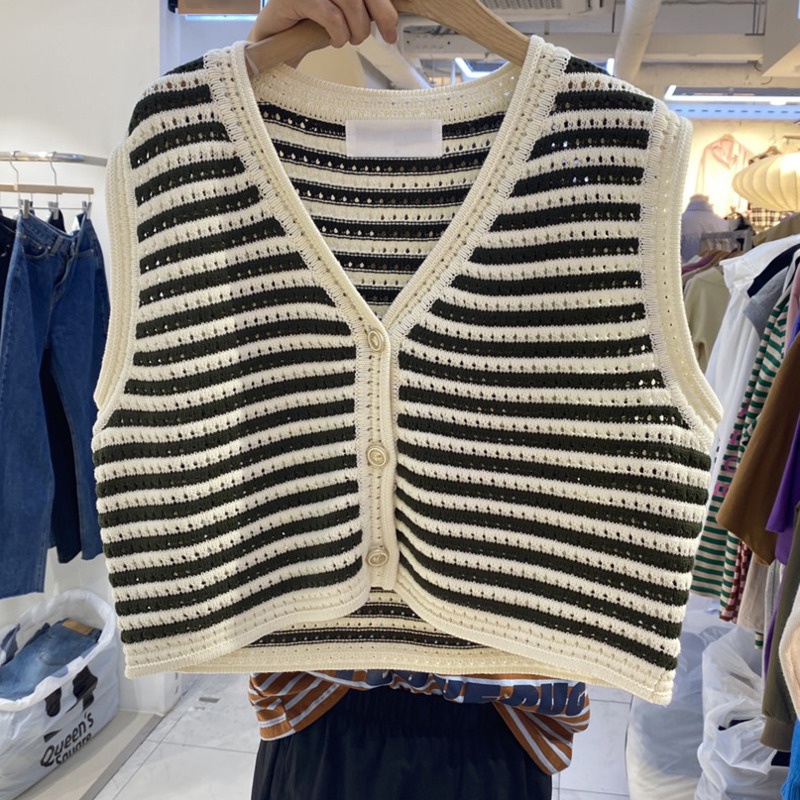 Áo Sweater Dệt Kim Sát Nách Dáng Ngắn Kẻ Sọc Kiểu Hàn Quốc Cá Tính