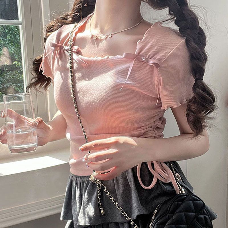 Aès Áo thun nữ cổ tròn tay ngắn màu hồng, mùa hè, kiểu mới với cột nơ, eo thun Đẹp Stylish Phong cách Beautiful A29J0Y0 36Z230909
