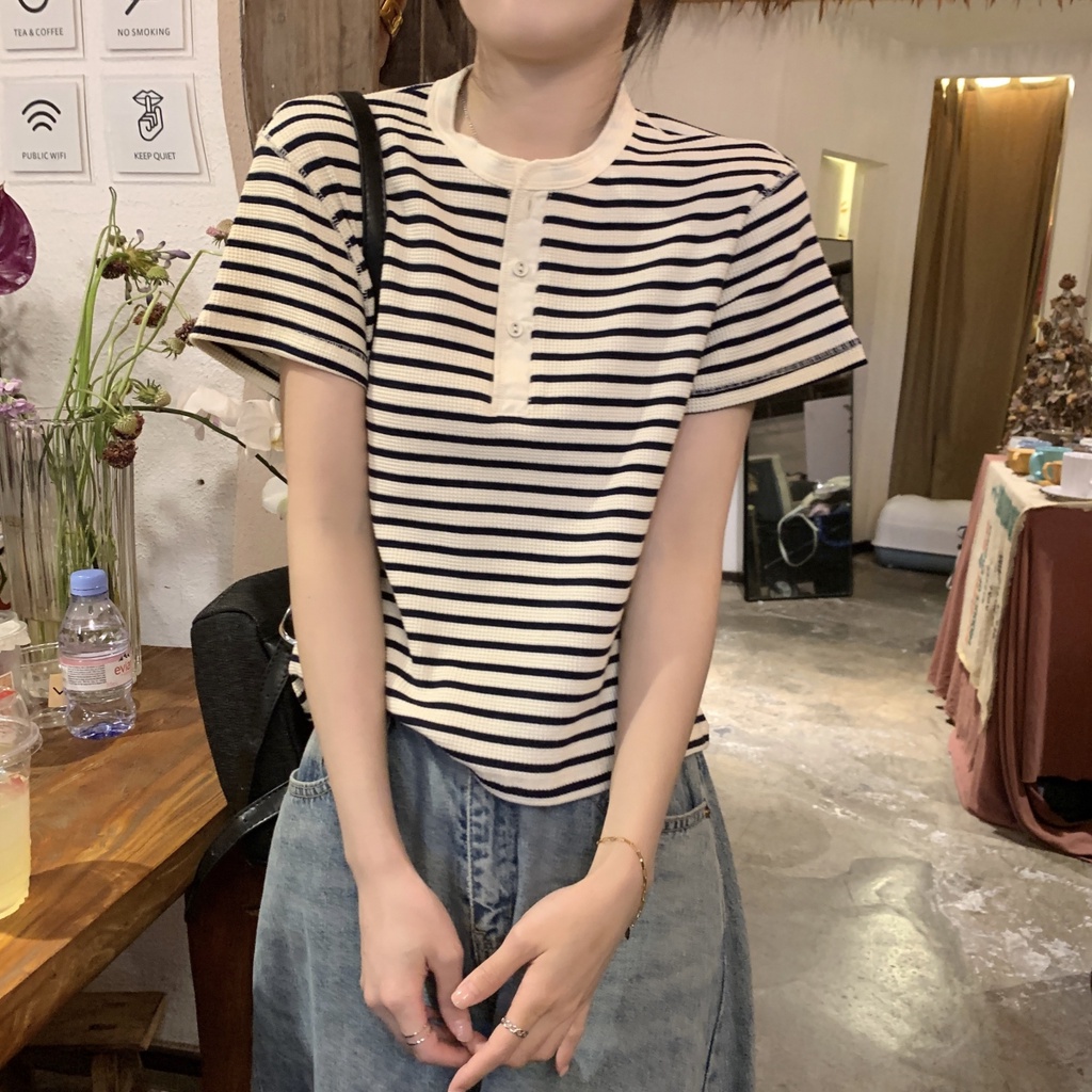 Áo Thun Kẻ Sọc Dáng Rộng Ngắn Tay Phối Nút Phong Cách Hàn Quốc Thời Trang Mùa Hè 64641