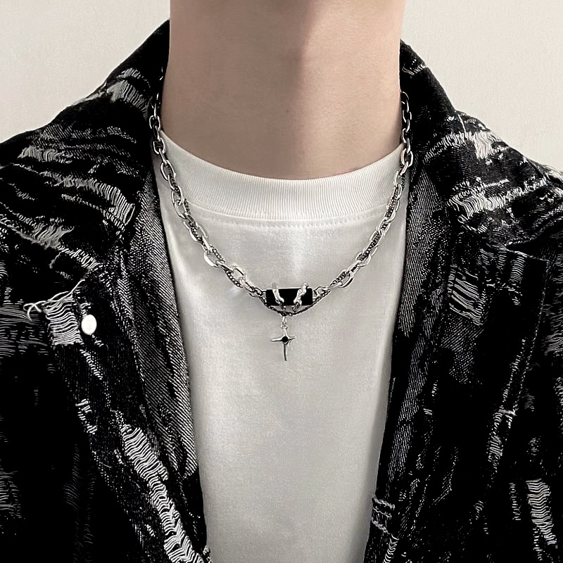 Vòng cổ Nhiều Lớp Đính Đá Zircon Đen Phong Cách Hip Hop