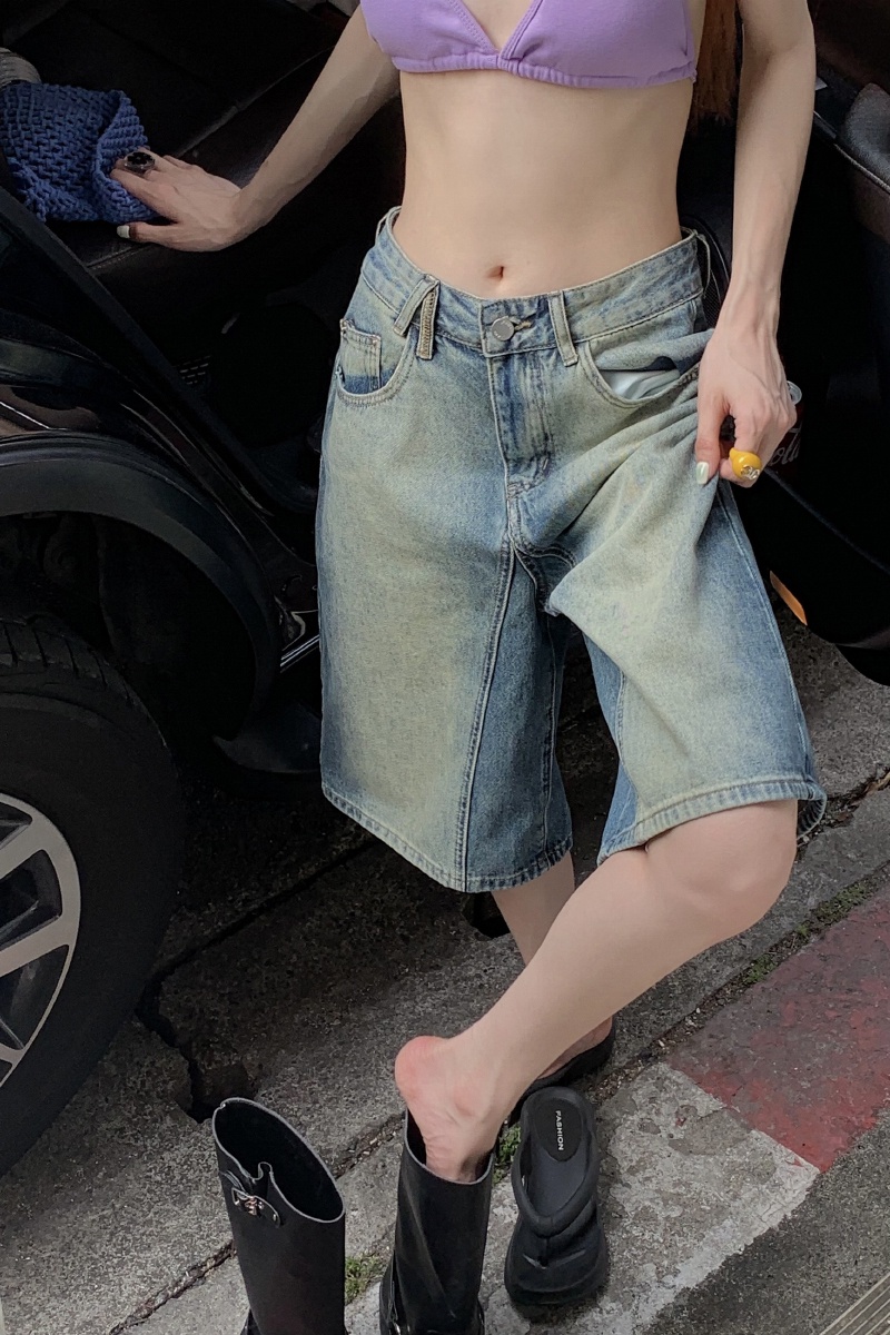 Quần Short denim Màu gradient Phong Cách retro Thời Trang Cho Nữ