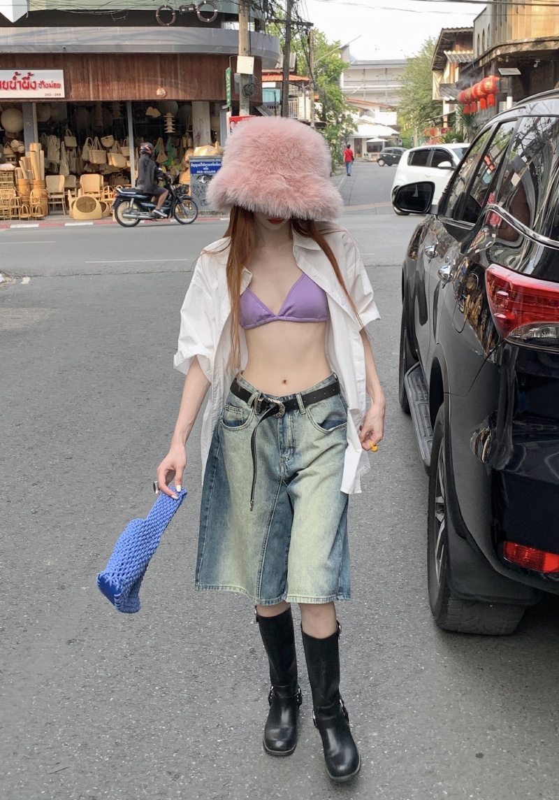 Quần Short denim Màu gradient Phong Cách retro Thời Trang Cho Nữ