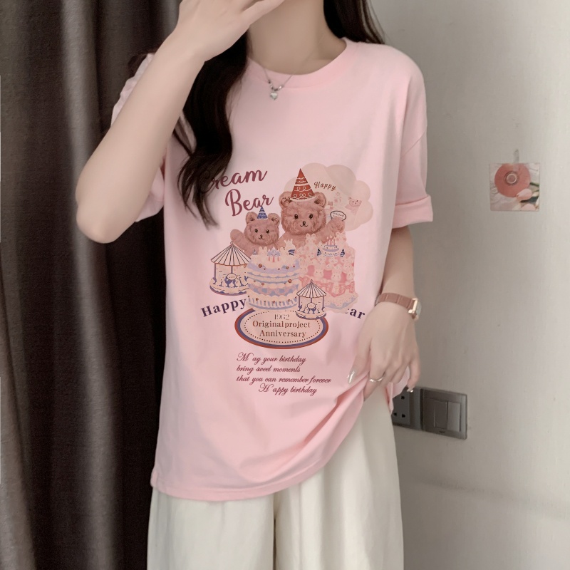Áo Thun Cotton Dáng Rộng Ngắn Tay In Hình Gấu Thời Trang Mùa Hè Cá Tính 62447