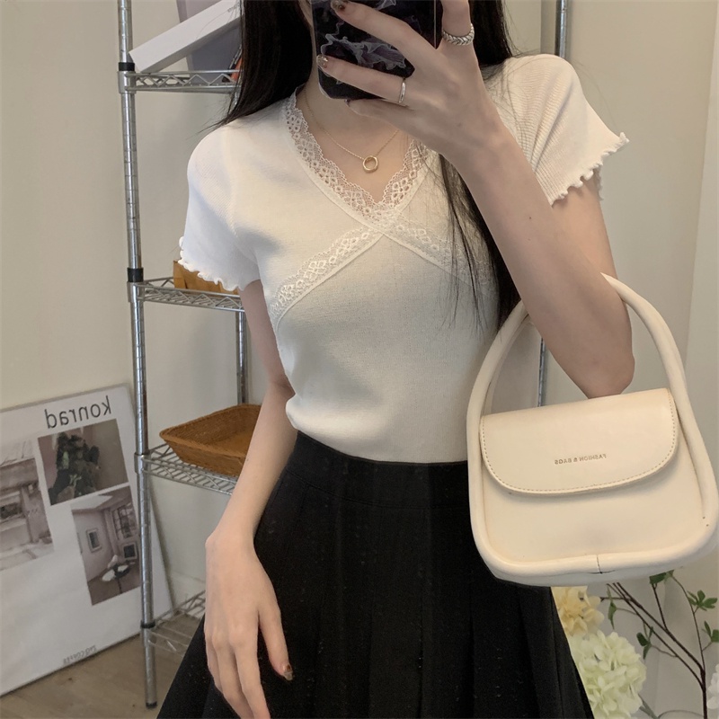Áo Thun Nữ Cổ Chữ v Viền Ren Phong Cách Mới Mùa Hè 64030