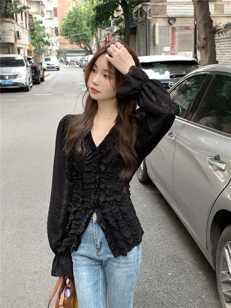 Áo Sơ Mi Cổ Chữ v Tay Dài Phong Cách Hàn Quốc Kiểu Mới 64024