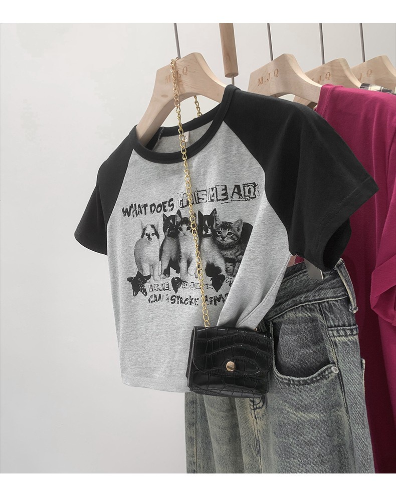 Áo Thun Tay Lửng In Họa Tiết Màu Sắc Tương Phản Phong Cách Retro Mỹ Thời Trang Mùa Hè 646