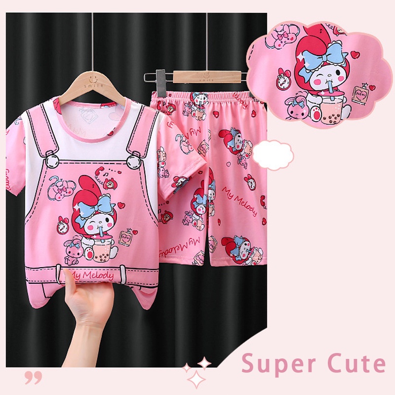 Sanrio Bộ Đồ Ngủ Gấu Dâu Ngắn Tay Vải Mỏng In Hoạt Hình Kuromi Dễ Thương Pijama Cho Bé Gái
