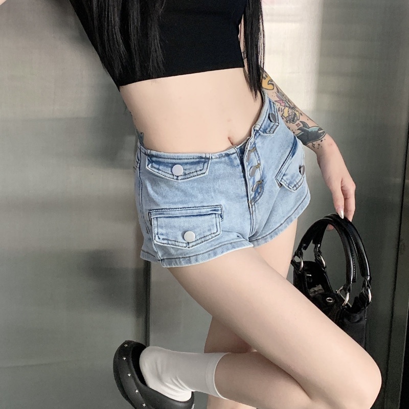 Quần Short Denim Lưng RENJIANVSHENG Cao Thiết Kế Quyến Rũ Cho Nữ