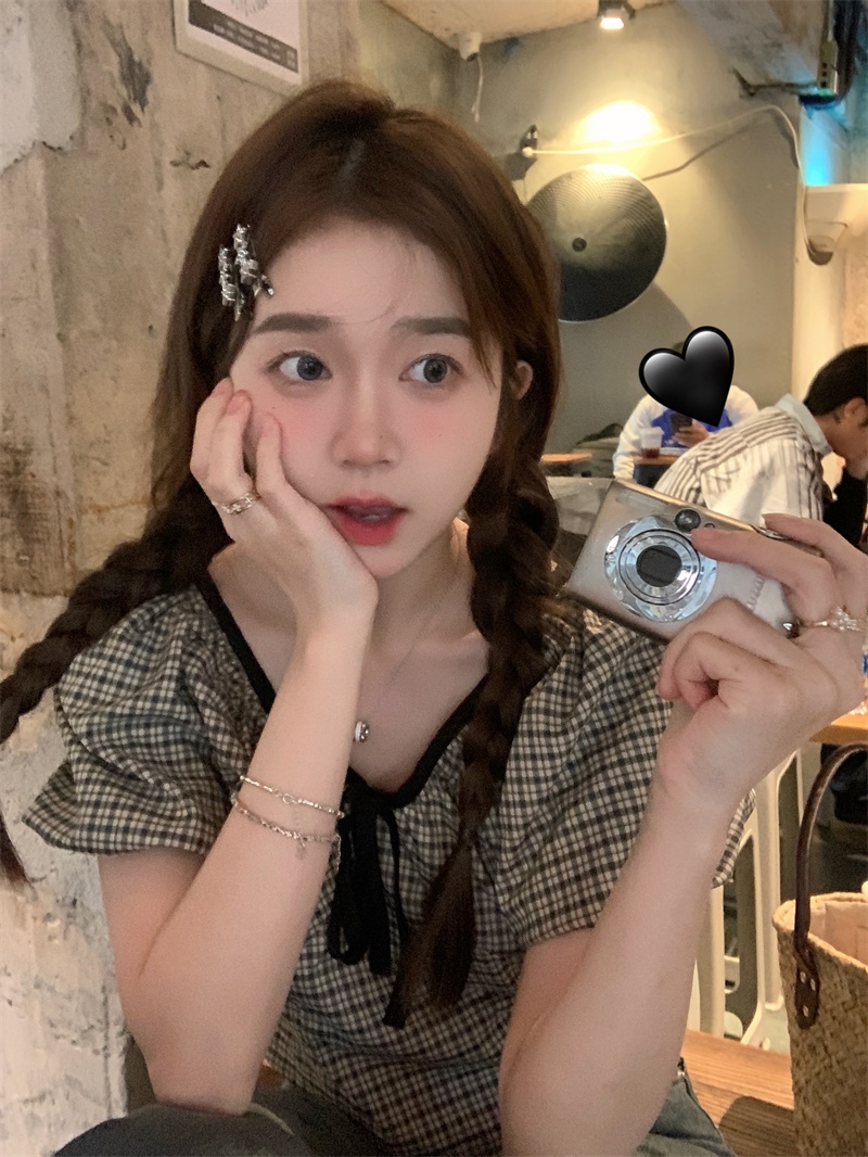 Áo Sơ Mi Kẻ Ca Rô Cột Dây Cổ Ngắn Tay Thời Trang Dành Cho Nữ 65012