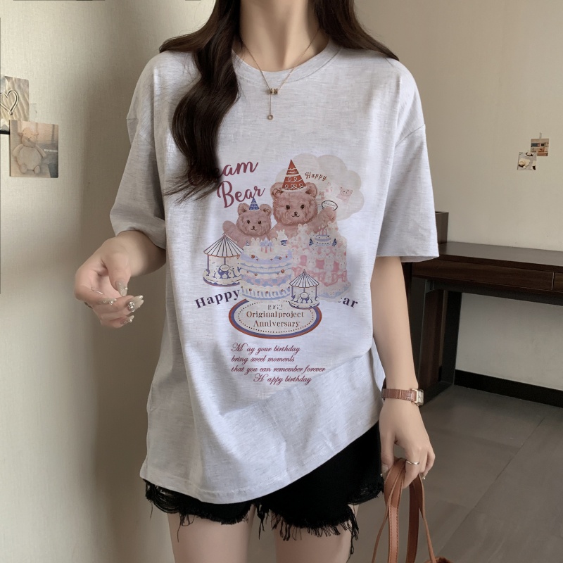Áo Thun Cotton Dáng Rộng Ngắn Tay In Hình Gấu Thời Trang Mùa Hè Cá Tính 62447