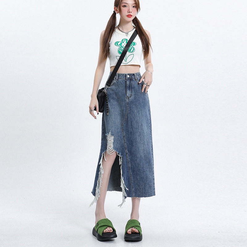 Chân Váy Denim Lưng Cao RENJIANVSHENG Thiết Kế Xẻ Rách Cá Tính