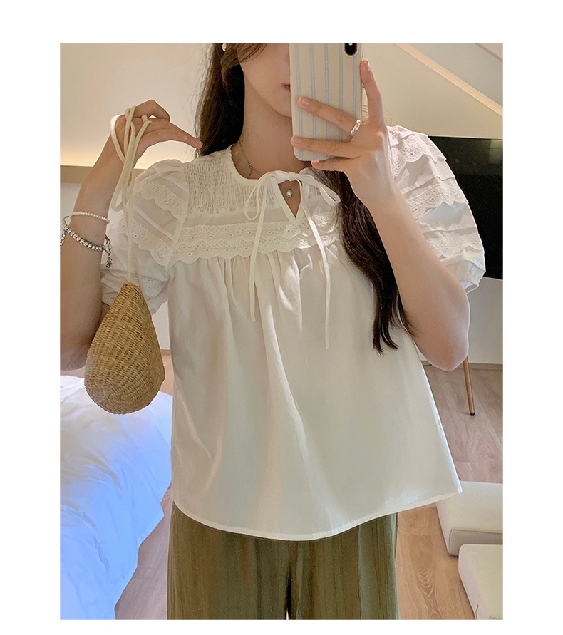 64318 Phong Cách Mới Áo Ngắn Tay Phối Ren