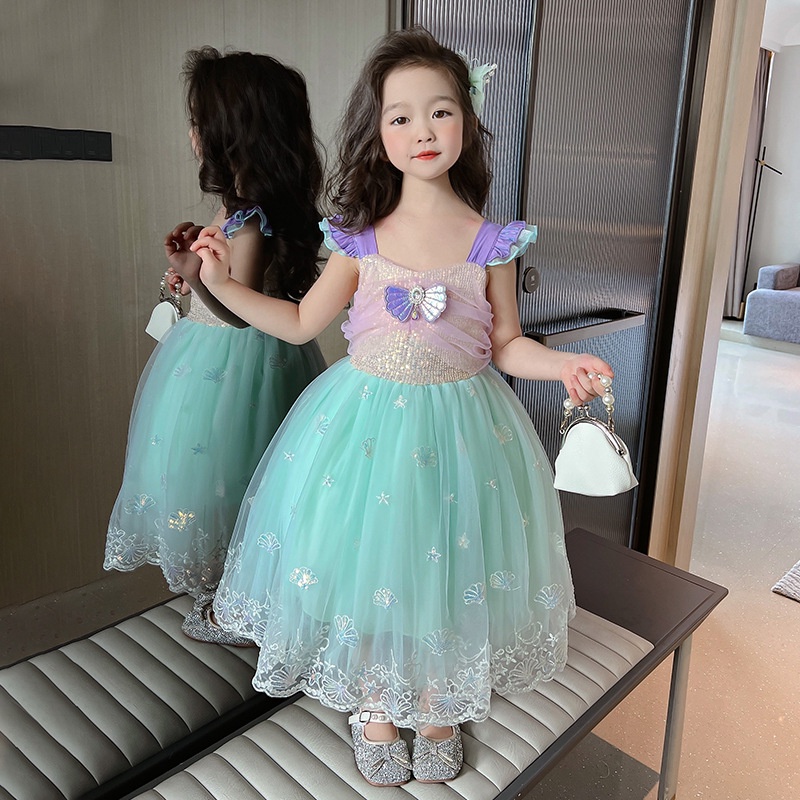 Đầm Công Chúa Tiên Cá Đính Kim Sa Phối Lưới Thời Trang Cho Bé Gái