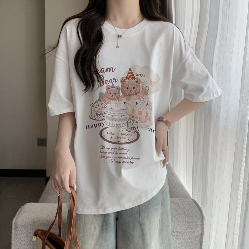 Áo Thun Cotton Dáng Rộng Ngắn Tay In Hình Gấu Thời Trang Mùa Hè Cá Tính 62447