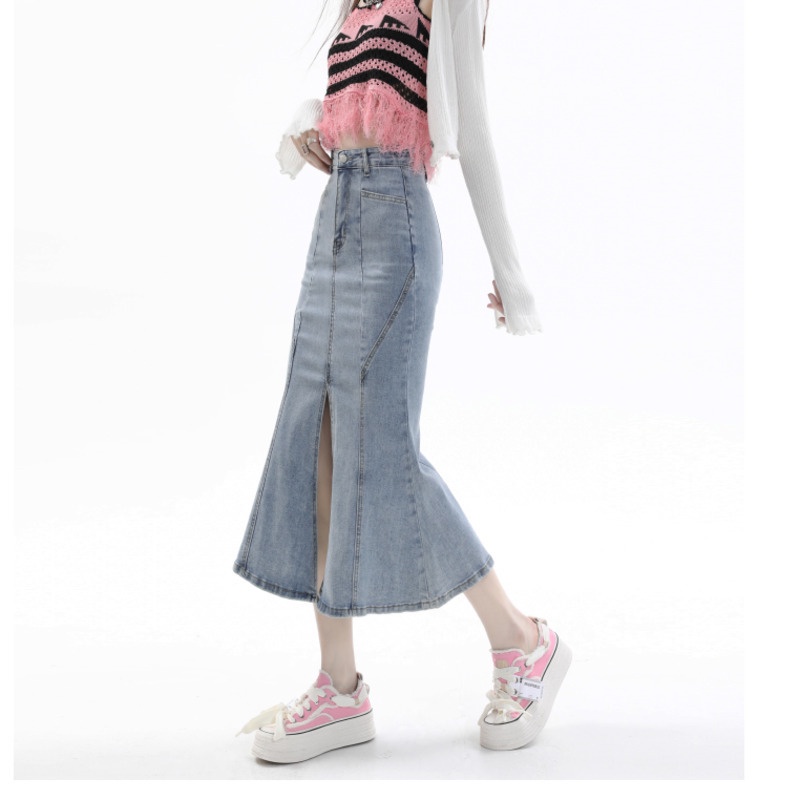 Chân Váy Denim Đuôi Cá Lưng  RENJIANVSHENG Cao Thời Trang Dành Cho Nữ