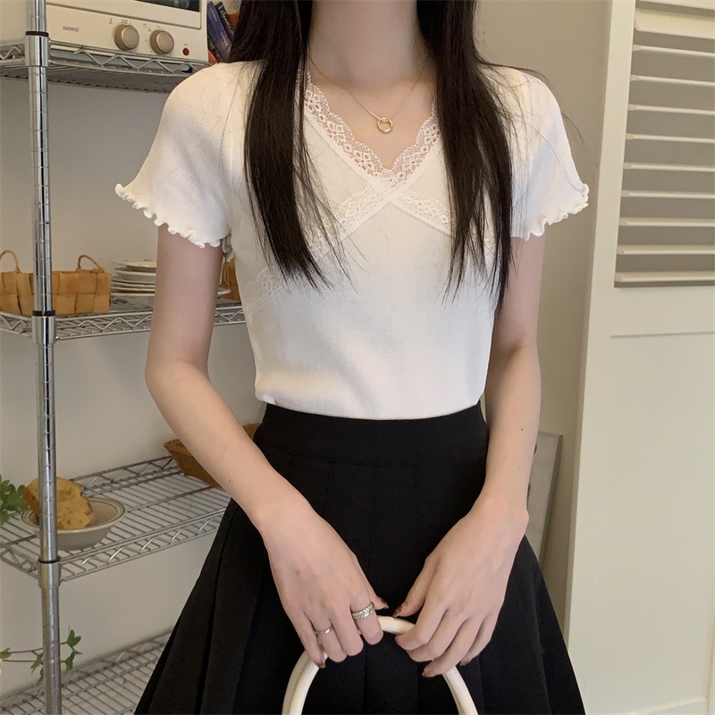 Áo Thun Nữ Cổ Chữ v Viền Ren Phong Cách Mới Mùa Hè 64030