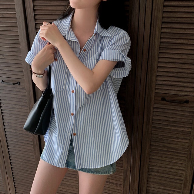 Áo Sơ Mi Kẻ Sọc Ngắn Tay Dáng Rộng Thời Trang Mùa Hè Dành Cho Nữ 66308