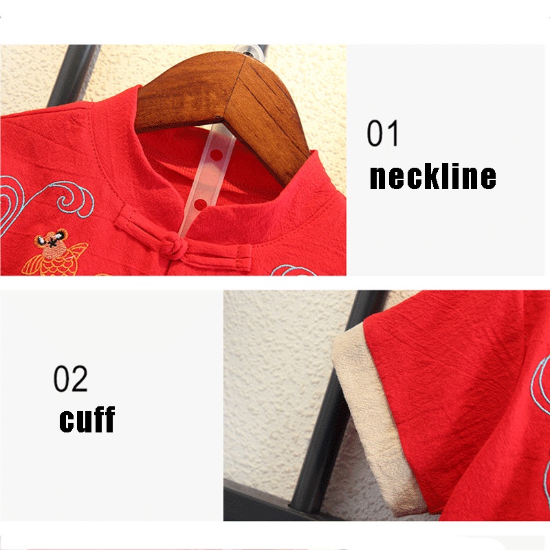 Cny baby phong cách trung quốc tangsuit set năm mới bé trai bé gái thoáng khí hanfu trẻ em thường ngắn tay tangsuit