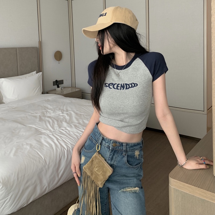 Áo Thun Tay Ngắn Dáng Ôm Thêu Chữ Phối Màu Sắc Tương Phản Thời Trang Xinh Xắn