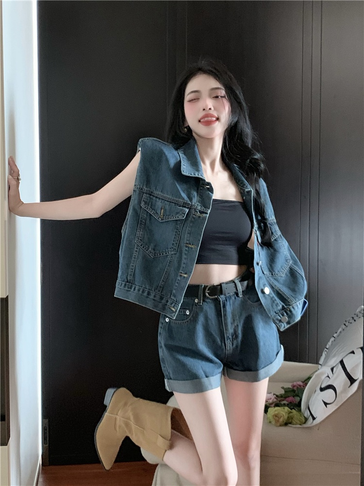 Set Áo Denim Không Tay + Quần Short Thiết Kế Mới Năng Động Thời Trang