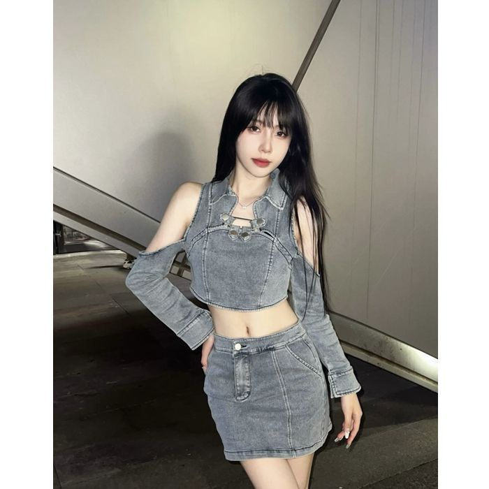 Set 2 món Hot Girl Thiết Kế Cảm Giác Off-vai Ngắn Denim Tops Cô Gái+cao Eo Denim Váy Ngắn, váy nữ