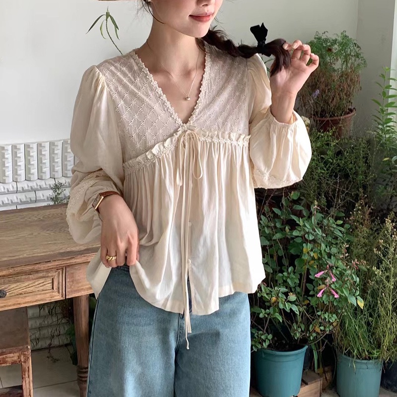 Áo Sơ Mi Cổ V Dài Tay Phong Cách Retro Sành Điệu 66076