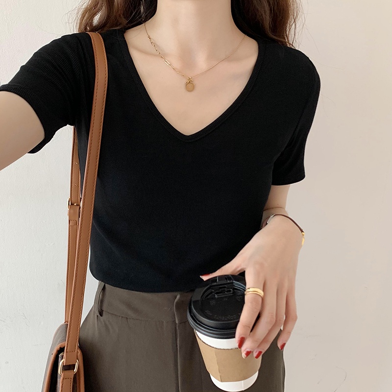 Áo Thun Mỏng Cổ V Ngắn Tay Thời Trang Nữ Sành Điệu 61732