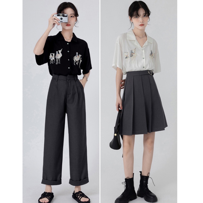 Áo Sơ Mi Ngắn Tay Thêu Họa Tiết Xinh RENJIANVSHENG Xắn Theo Phong Cách Hàn Quốc