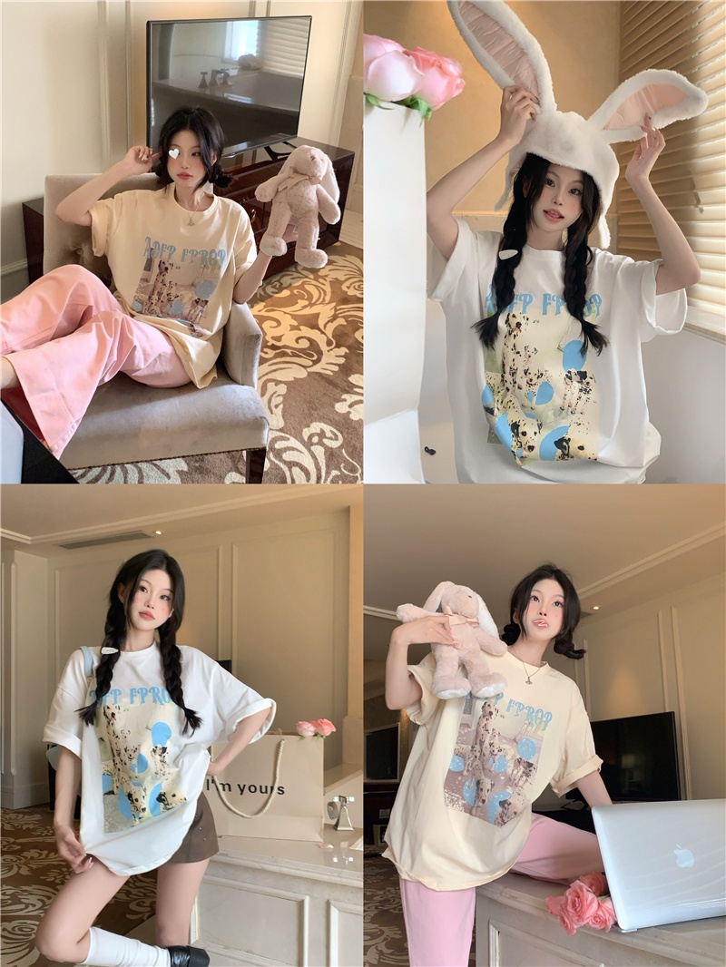 Áo Thun Ngắn Tay Dáng Rộng In Hình Chú Cún Kiểu vintage Thời Trang Mùa Hè Cho Nữ