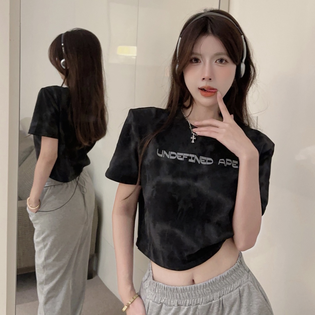 Áo Thun Ngắn Tay Dáng Rộng In Chữ Phối Màu Nhuộm Cá Tính