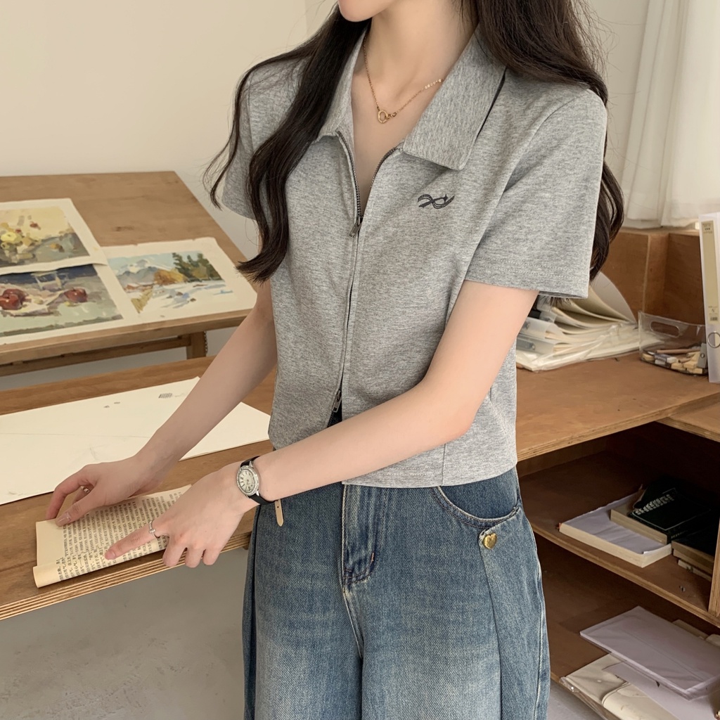 Áo Thun polo Khóa Kéo Đôi Ngắn Tay Thời Trang Nữ 64095