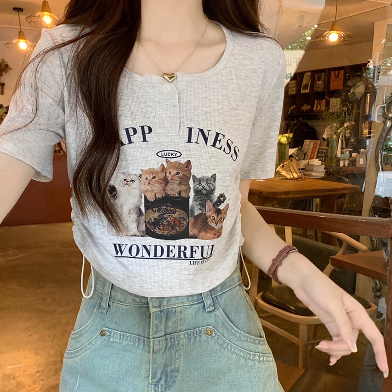 Áo Thun Cộc Tay Dây Rút Dáng Ngắn Thời Trang Mùa Hè Cho Nữ 65345