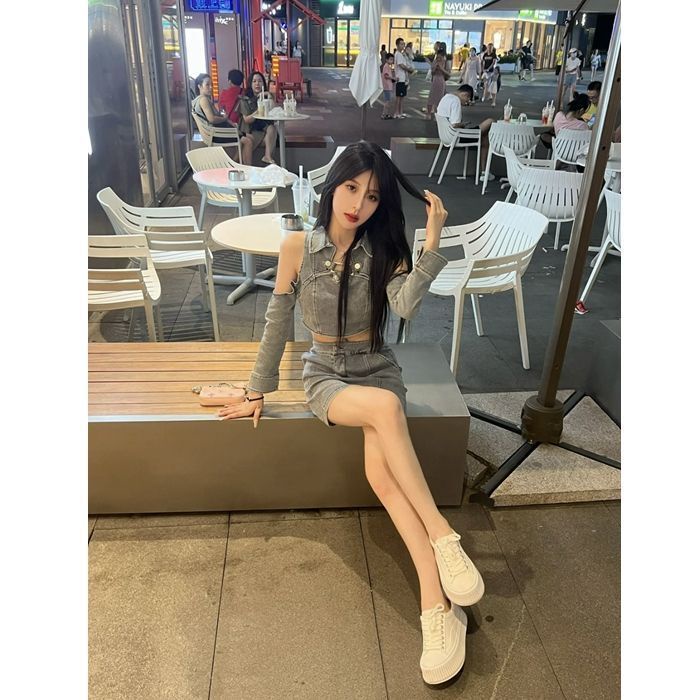 Set 2 món Hot Girl Thiết Kế Cảm Giác Off-vai Ngắn Denim Tops Cô Gái+cao Eo Denim Váy Ngắn, váy nữ