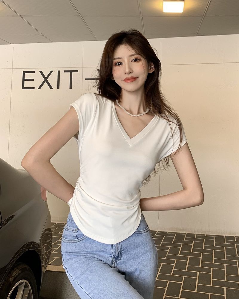 Áo Thun Ngắn Tay Cổ Chữ V Thiết Kế Dây Rút Xếp Ly Thời Trang