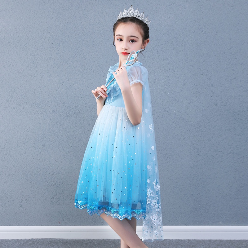 Đầm Công Chúa Elsa Tay Ngắn Phối Lưới Màu Gradient Xanh Dương / Trắng Thời Trang Cho Bé Gái