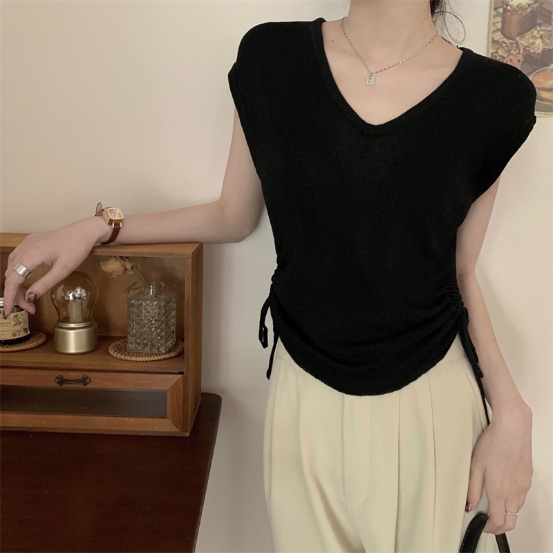 Áo Kiểu Tay Ngắn Cổ Chữ V Xếp Ly Thắt Dây Mùa Hè Phong Cách Mới 63545
