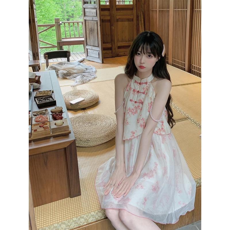 Set váy bạn thân phong cách cổ trang trung hoa, váy nữ hoa nhí