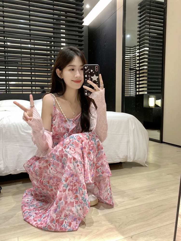 63372 Đầm Hoa Hai Dây Áo Nịt Dệt Kim Mỏng