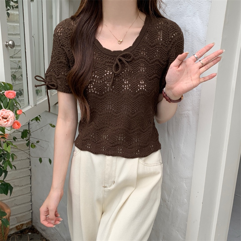 Áo Thun Dệt Kim Tay Ngắn Thiết Kế Khoét Lỗ Thời Trang Mùa Hè Hàng Mới