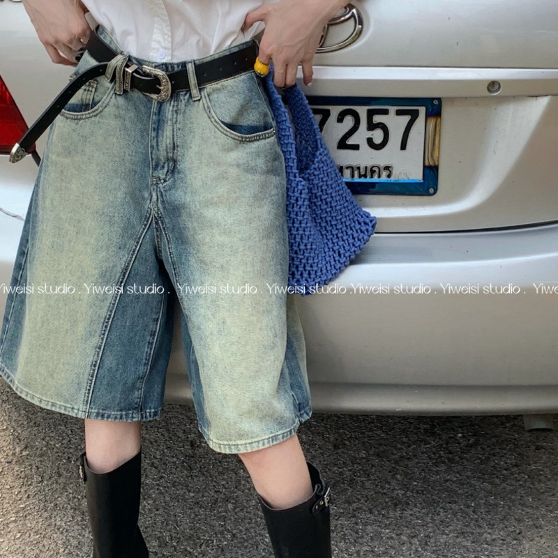 Quần Short denim Màu gradient Phong Cách retro Thời Trang Cho Nữ